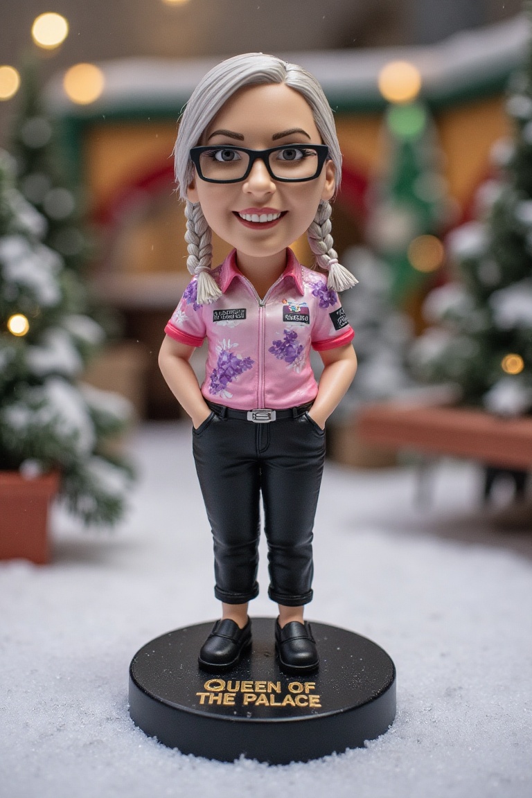 This is a high-resolution photograph of a detailed,  miniature bobblehead action figure of Fallon Sherrock,  platinum blon...
