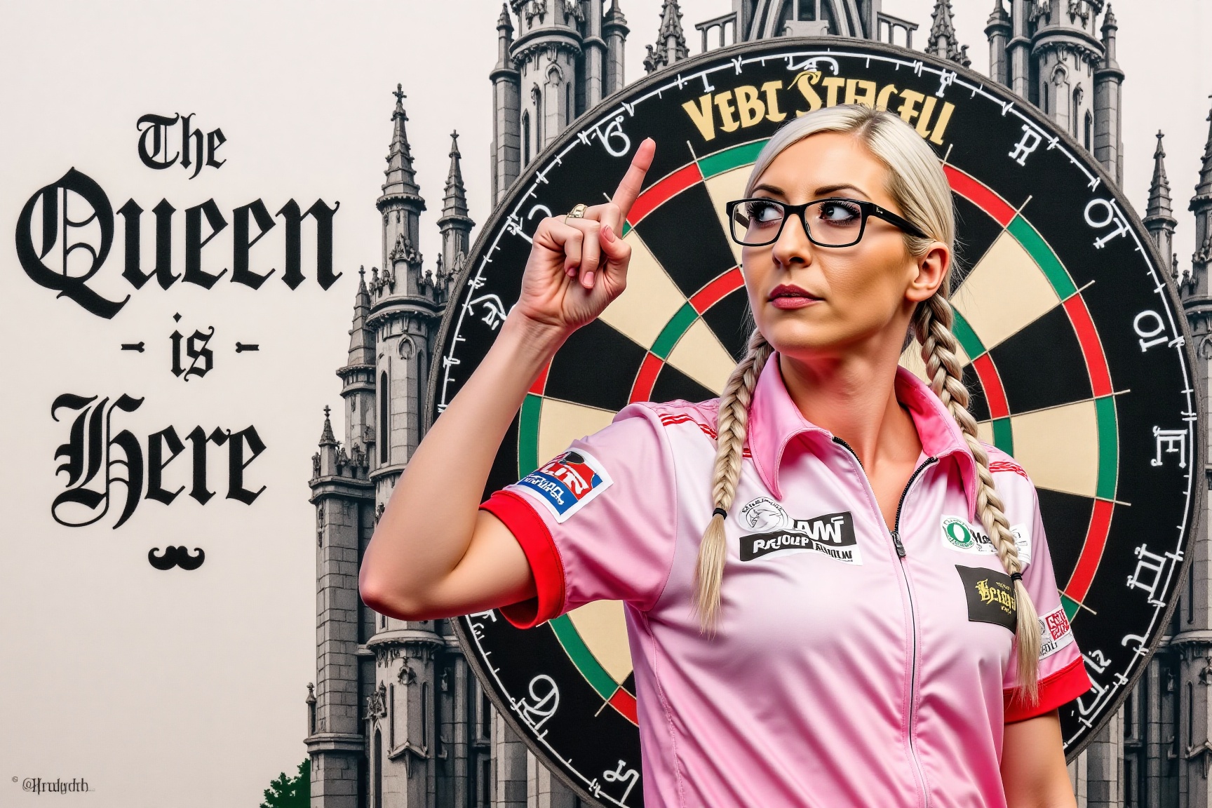 This image is a highly detailed photorealistic illustration featuring Fallon Sherrock,  a darts player in a dynamic pose....