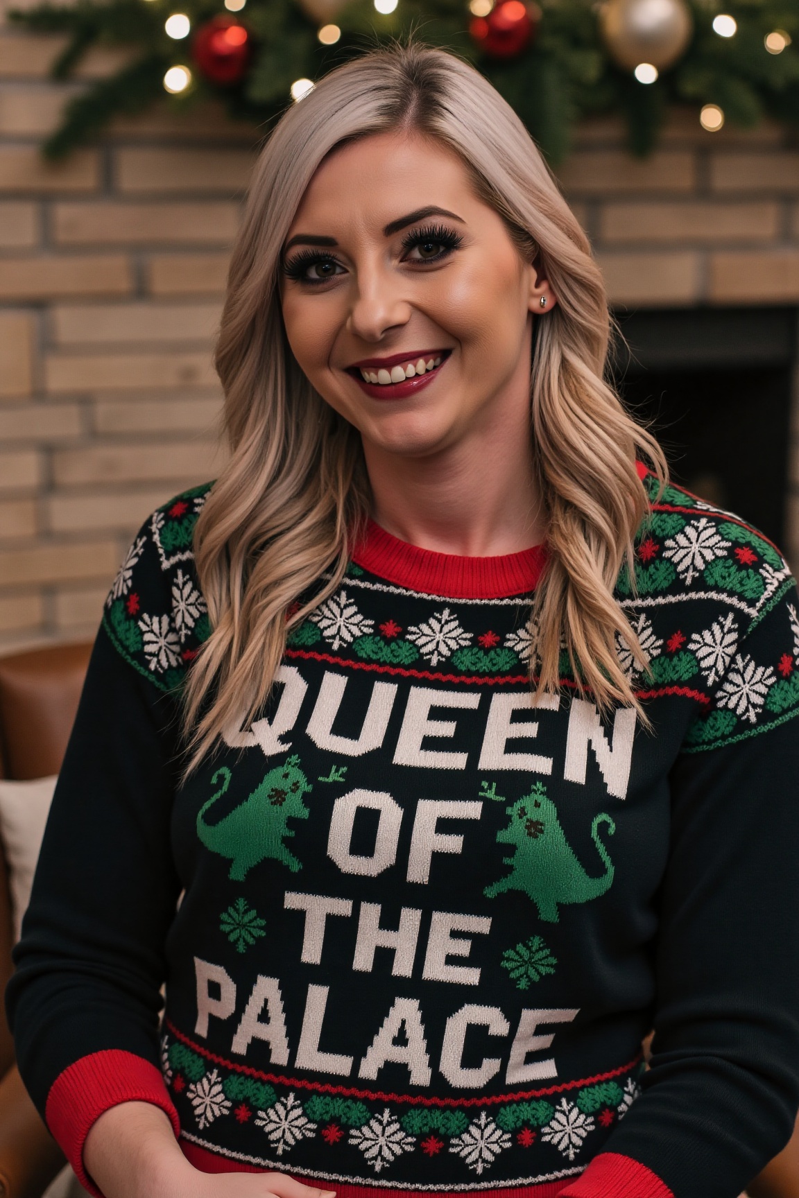 The image is a high-resolution photograph of Fallon Sherrock smiling,  wearing a Christmas themed sweater with the words "...