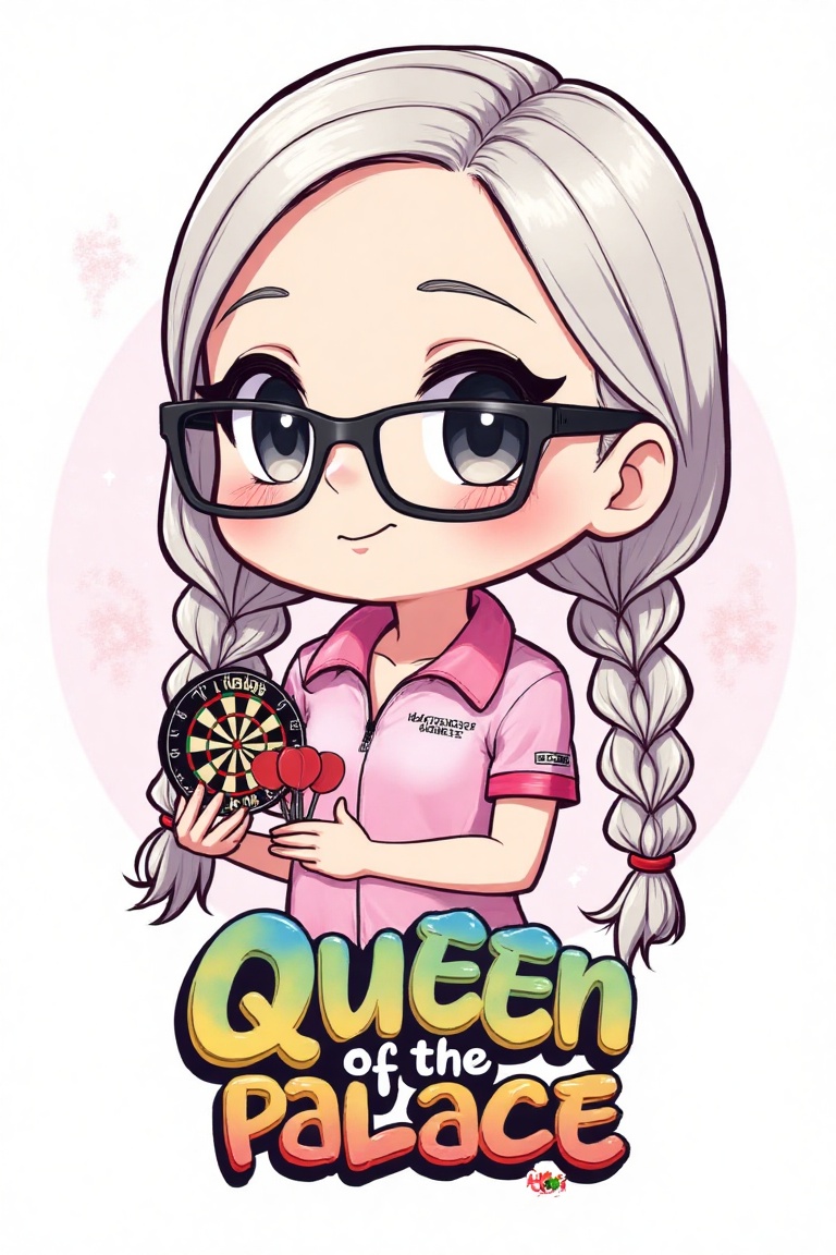 A detailed illustration of Fallon Sherrock as a super cute chibi character. Long platinum twin braids,  black rimmed glass...