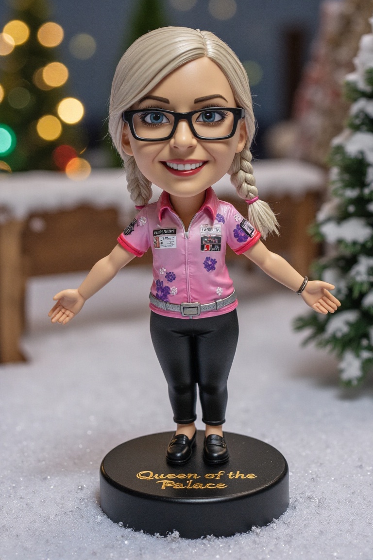 This is a high-resolution photograph of a detailed,  miniature bobblehead action figure of Fallon Sherrock,  platinum blon...