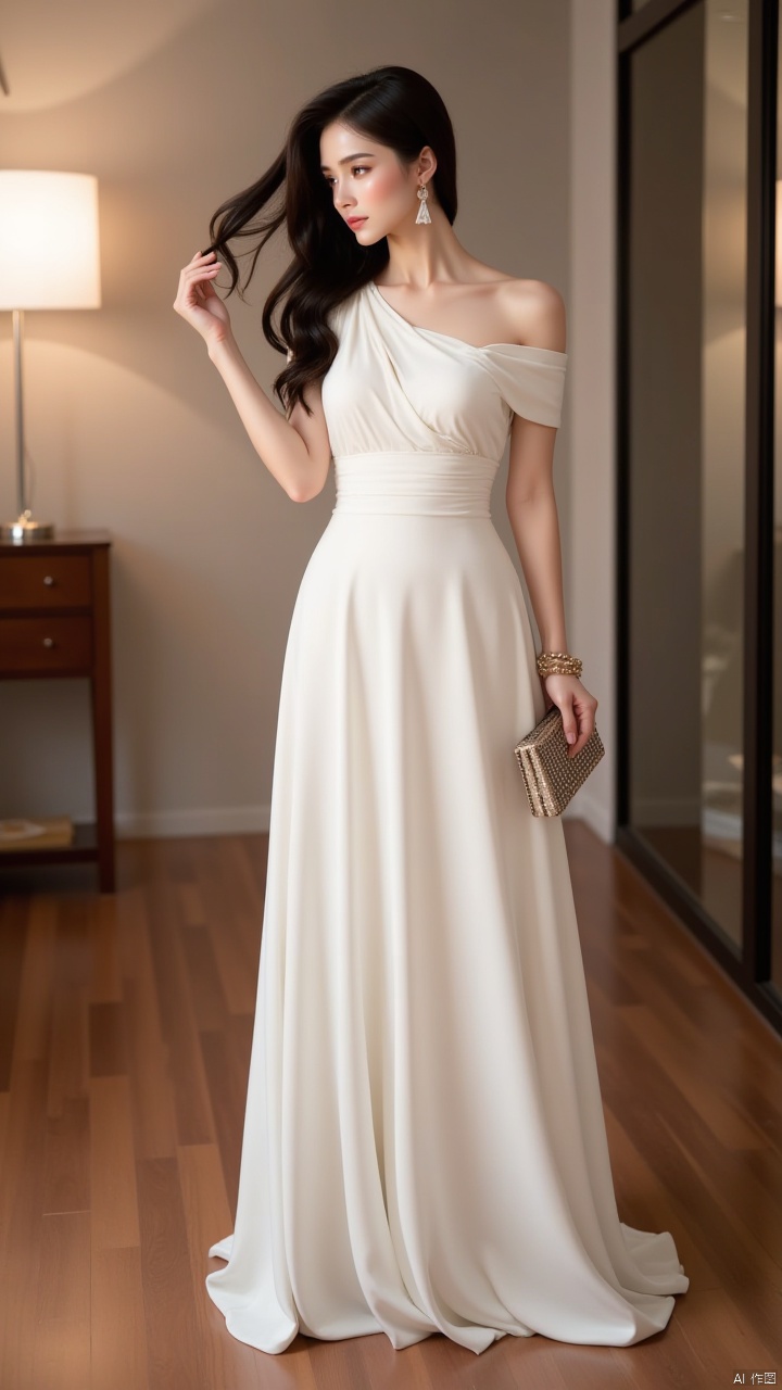 Masterpiece, best quality, amazing details,1girl, solo, French white sloping shoulder dress, evening gown, one hand holding a handbag, the other hand lifting and playing with hair, long hair, earrings, bracelets, black hair, slightly sideways, upper body, knee high, standing, brown eyes, indoor, bare shoulders, collarbone, wooden floor, realistic,