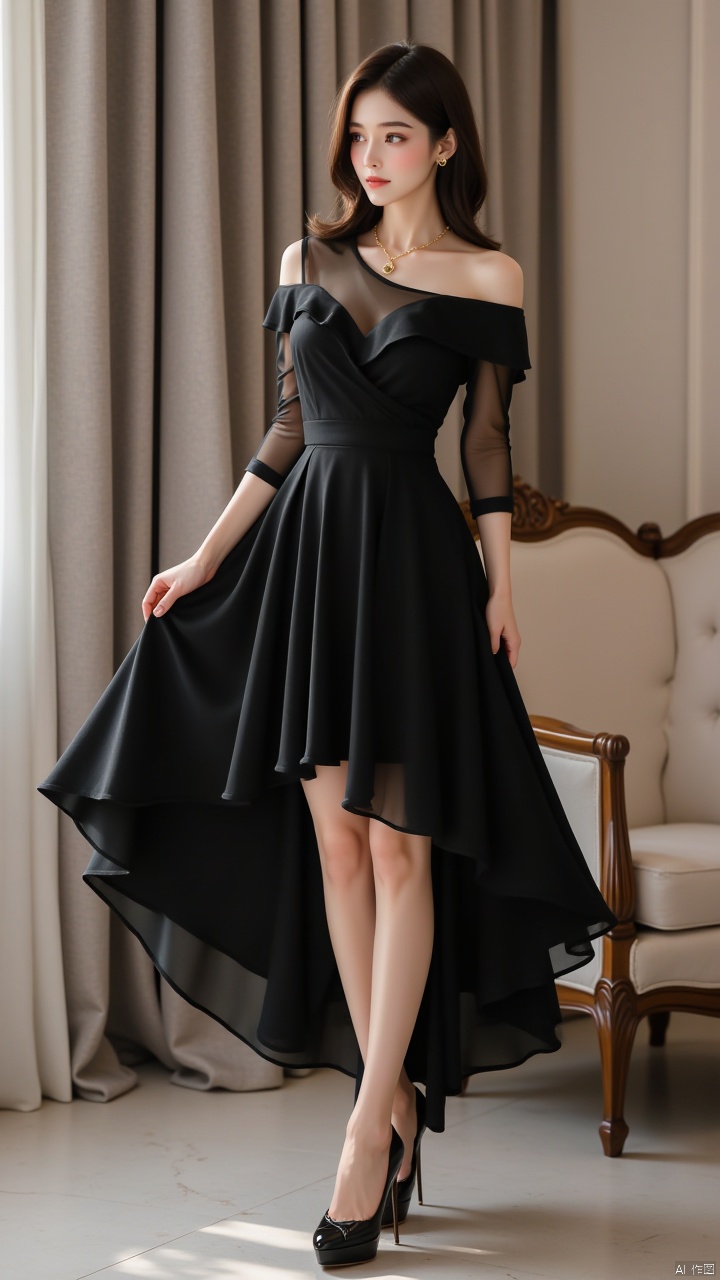 Masterpiece, best quality, amazing details,1girl, solo, jewelry, necklace, one line off shoulder black chiffon dress, ruffled mid length skirt, fishtail skirt, see through, high heels, curtains, bare shoulders, black hair, brown eyes, standing, full body, realistic, brown hair, chair