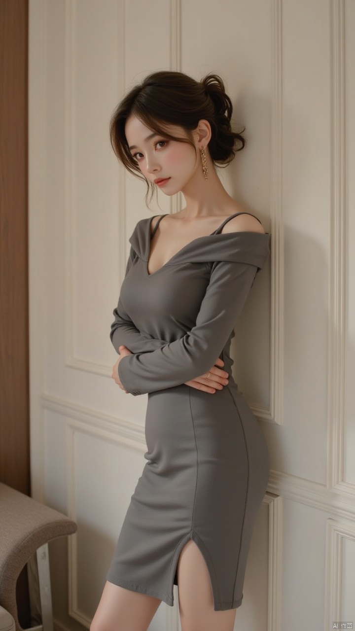 Masterpiece, best quality, amazing details,1girl, single, dress, brown hair, perspective, arms crossed, back against wall, brown eyes, chest, upper body, above knees, slanted body, looking at the audience, lips, gray dress, knee length skirt, standing, indoor, door, jewelry, earrings, makeup
