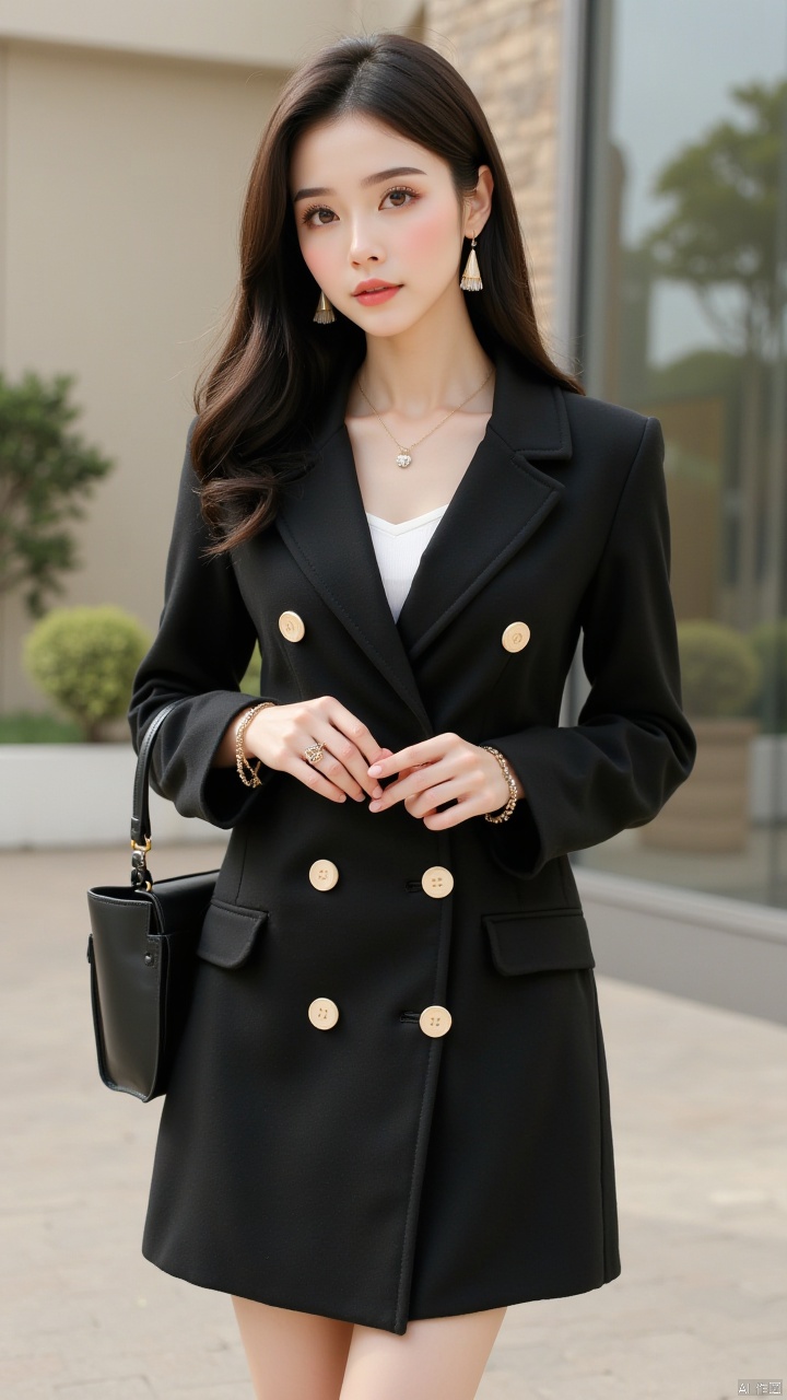 Masterpiece, best quality, amazing details,1girl, solo, V-neck jacket, retro high-end solid color coarse spun twill coat, buttons, necklace, handbag, earrings, long hair, black hair, bracelet, front, upper body, knee above, standing, looking at the audience, ring, outdoor, brown eyes