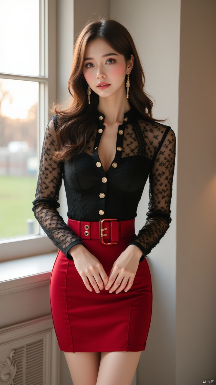 Masterpiece, best quality, amazing details,1girl, dress, single, French retro sexy black mesh patchwork red buttocks skirt, buttons, red belt, hands in front of the abdomen, standing, upper body, above knees, front, looking at the audience, long hair, window, shirt, brown hair, earrings, parted lips, long sleeves, clothing cutting, chest, cleavage cutting,