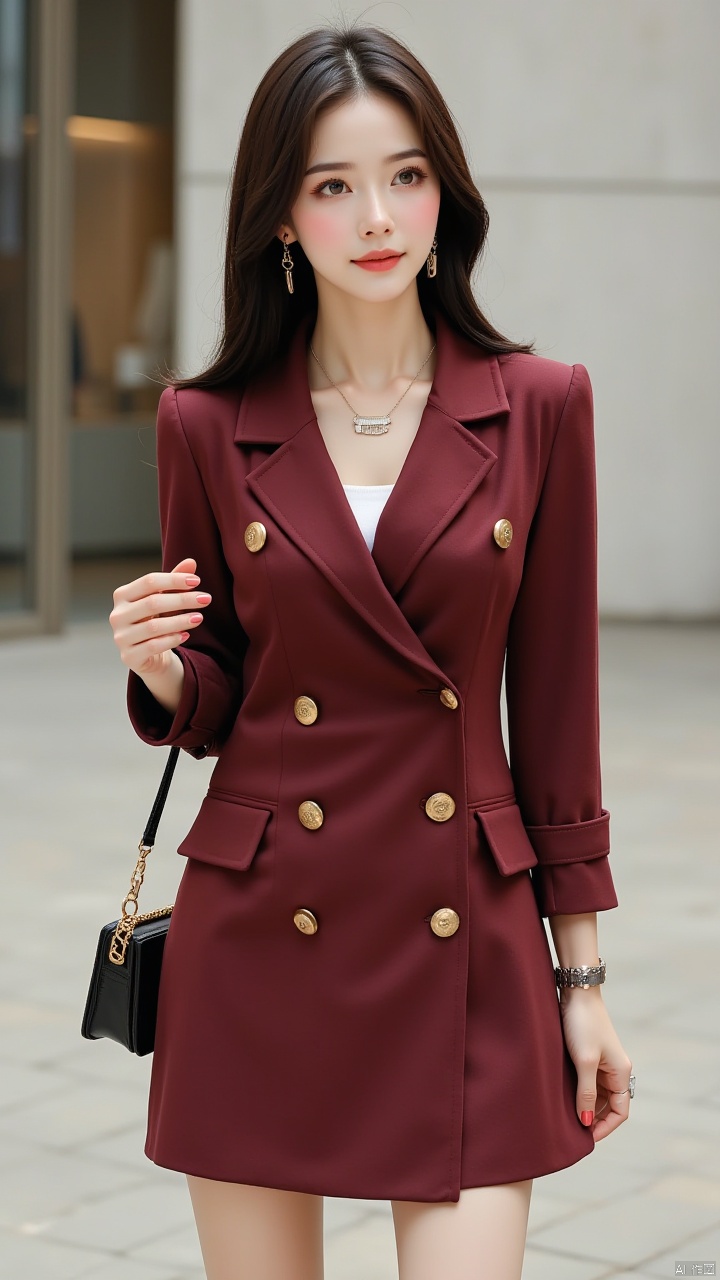 Masterpiece, best quality, amazing details,1girl, solo, V-neck jacket, retro high-end solid color coarse spun twill coat, buttons, necklace, handbag, earrings, long hair, black hair, bracelet, front, upper body, knee above, standing, looking at the audience, ring, outdoor, brown eyes