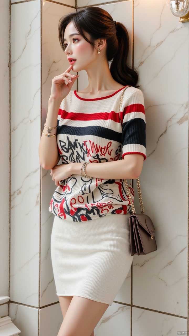 Masterpiece, best quality, amazing details,1girl, singing solo, with one hand holding a handbag next to her waist, one hand touching her chin with fingers and the elbow touching the back of the other hand's hand, upper body, above knee level, sloping body, graffiti color block dress, jewelry, long hair, brown hair, ponytail, black hair, white dress, metal bracelet, ceramic tile wall surface