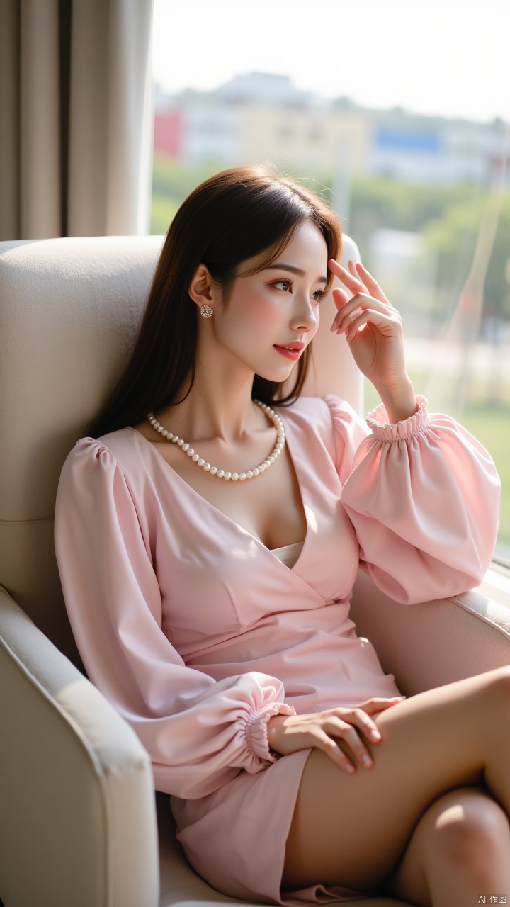 Masterpiece, best quality, amazing details,1girl, jewelry, single, sitting in a high-end seat, crossing her legs, touching her forehead with one finger, oblique side shot, upper body, above her calves, looking out of the window, necklace, earrings, long hair, window, brown hair, chair, pink dress, pearl necklace, parted lips, brown eyes, chest, realistic, long sleeved, indoor, feet outside the frame, blurry background, daytime, armchair