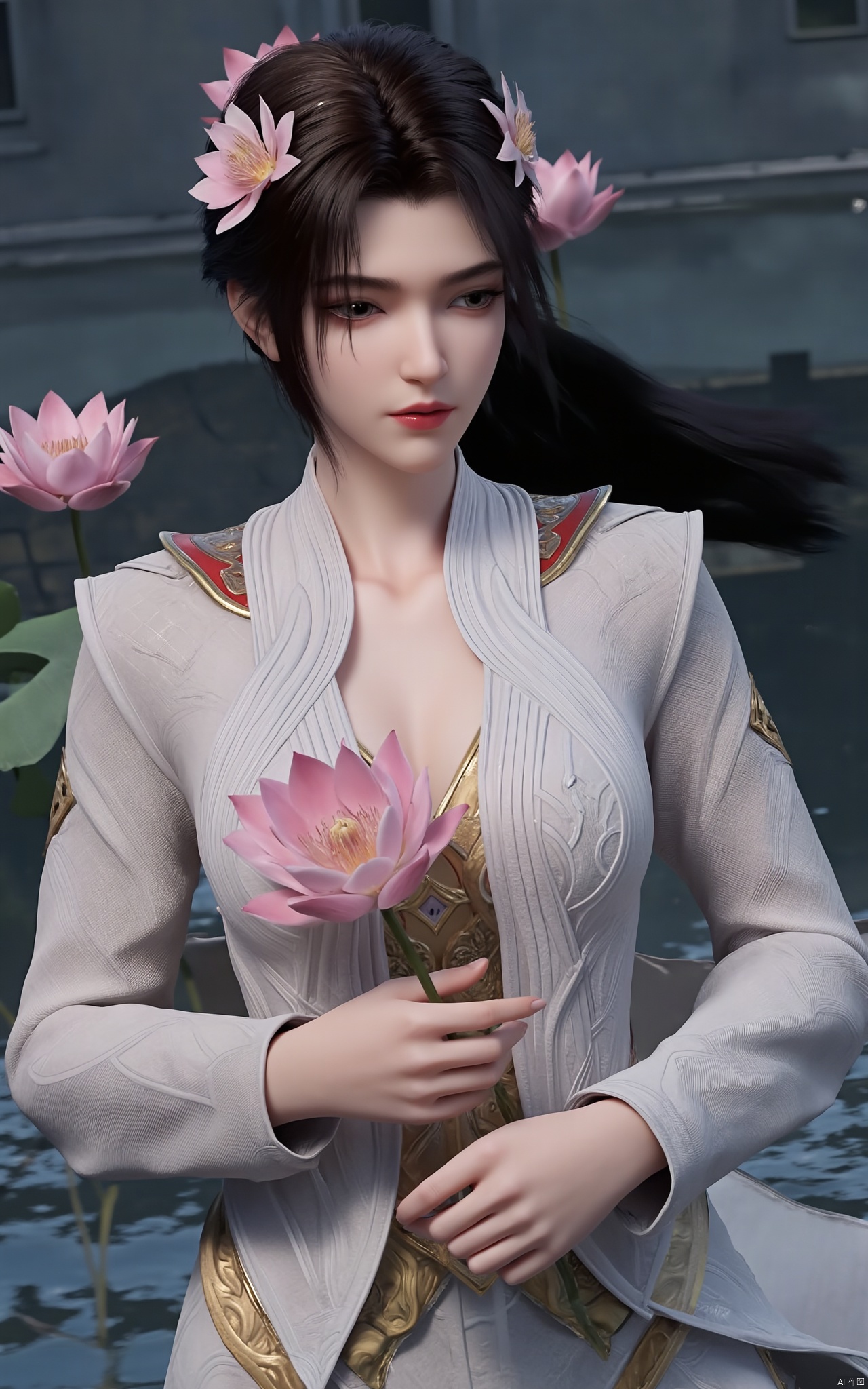 Masterpiece, the best quality, high quality,1girl,(huge breasts:1.59),(pink lotus flowers:1.29),Xlinyuling