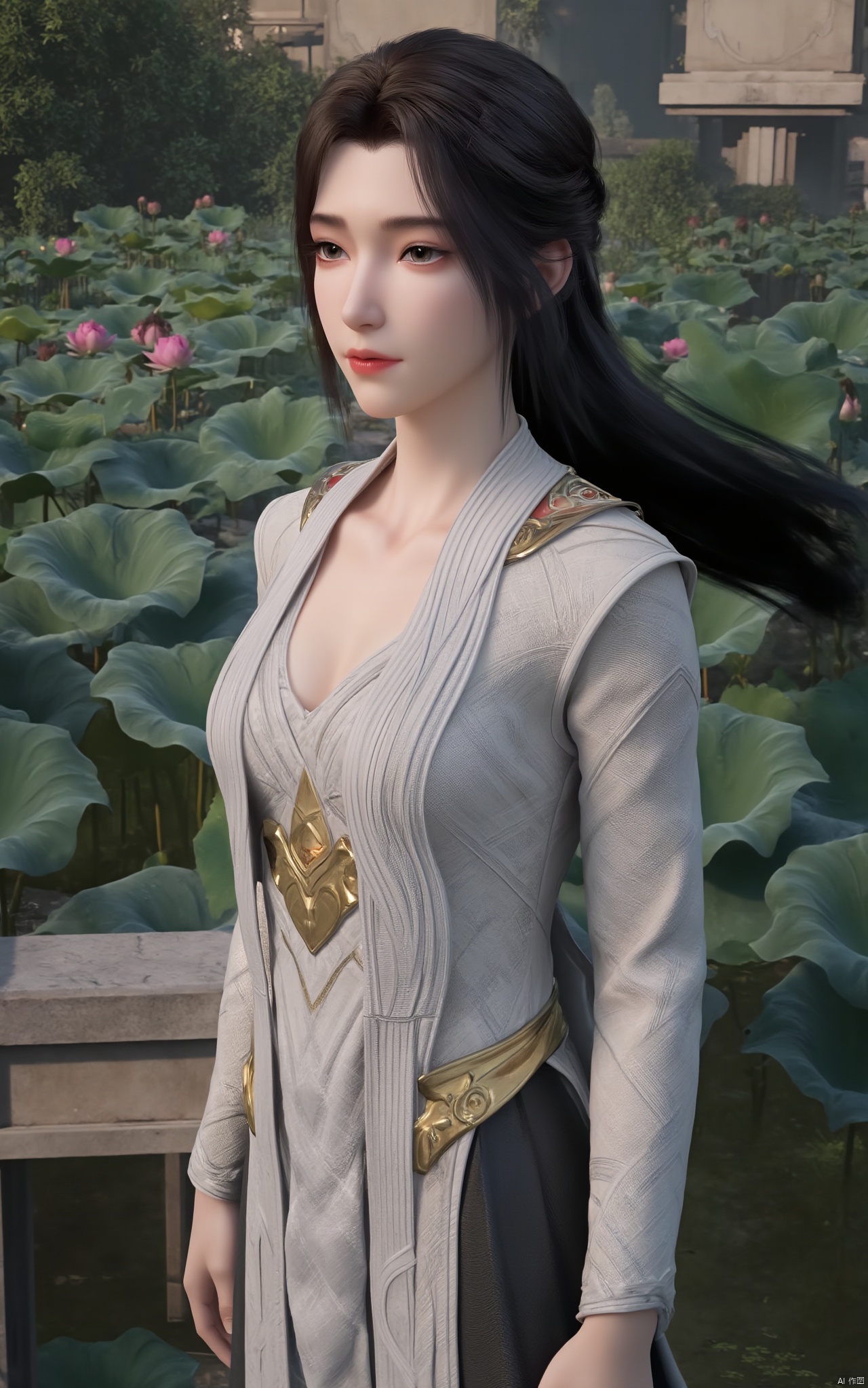 Masterpiece, the best quality, high quality,1girl,(huge breasts:1.59),(pink lotus flowers:1.29),Xlinyuling