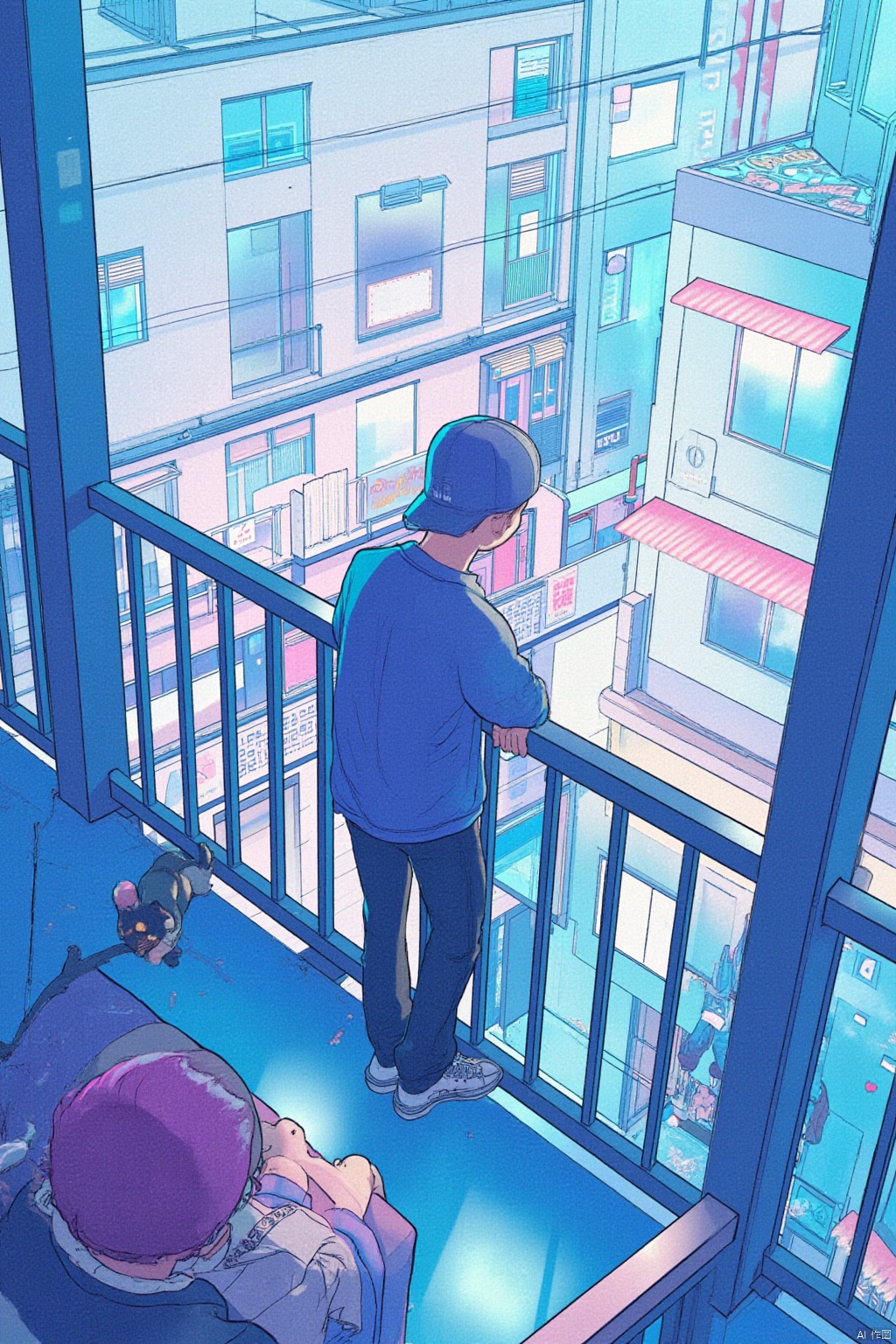 1girl, solo, shirt, long sleeves, 1boy, hat, standing, pink hair, male focus, shoes, pants, window, shadow, umbrella, from above, cat, building, baseball cap, city, railing