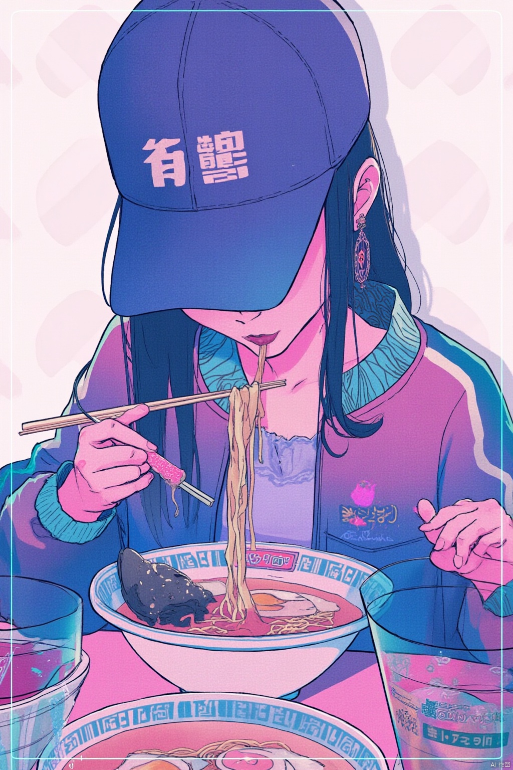 1girl, solo, long hair, black hair, long sleeves, hat, holding, jewelry, jacket, upper body, earrings, food, tattoo, eating, baseball cap, bowl, chopsticks, noodles, ramen, cup ramen