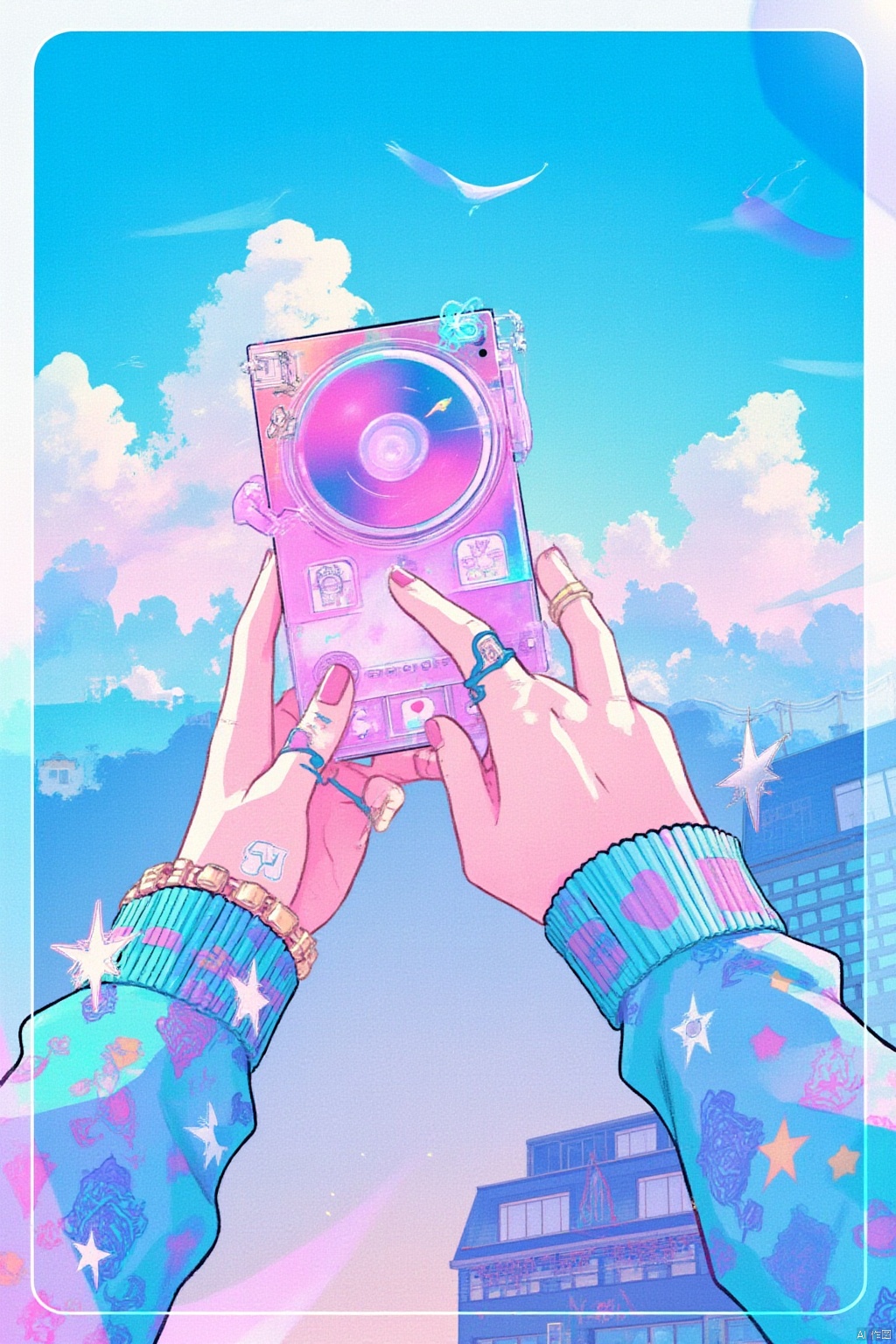 1girl, long sleeves, holding, jewelry, outdoors, sky, day, cloud, star \(symbol\), nail polish, blue sky, bird, phone, border, ring, cloudy sky, crescent, building, bandaid, pink nails, sticker, bandaid on hand
