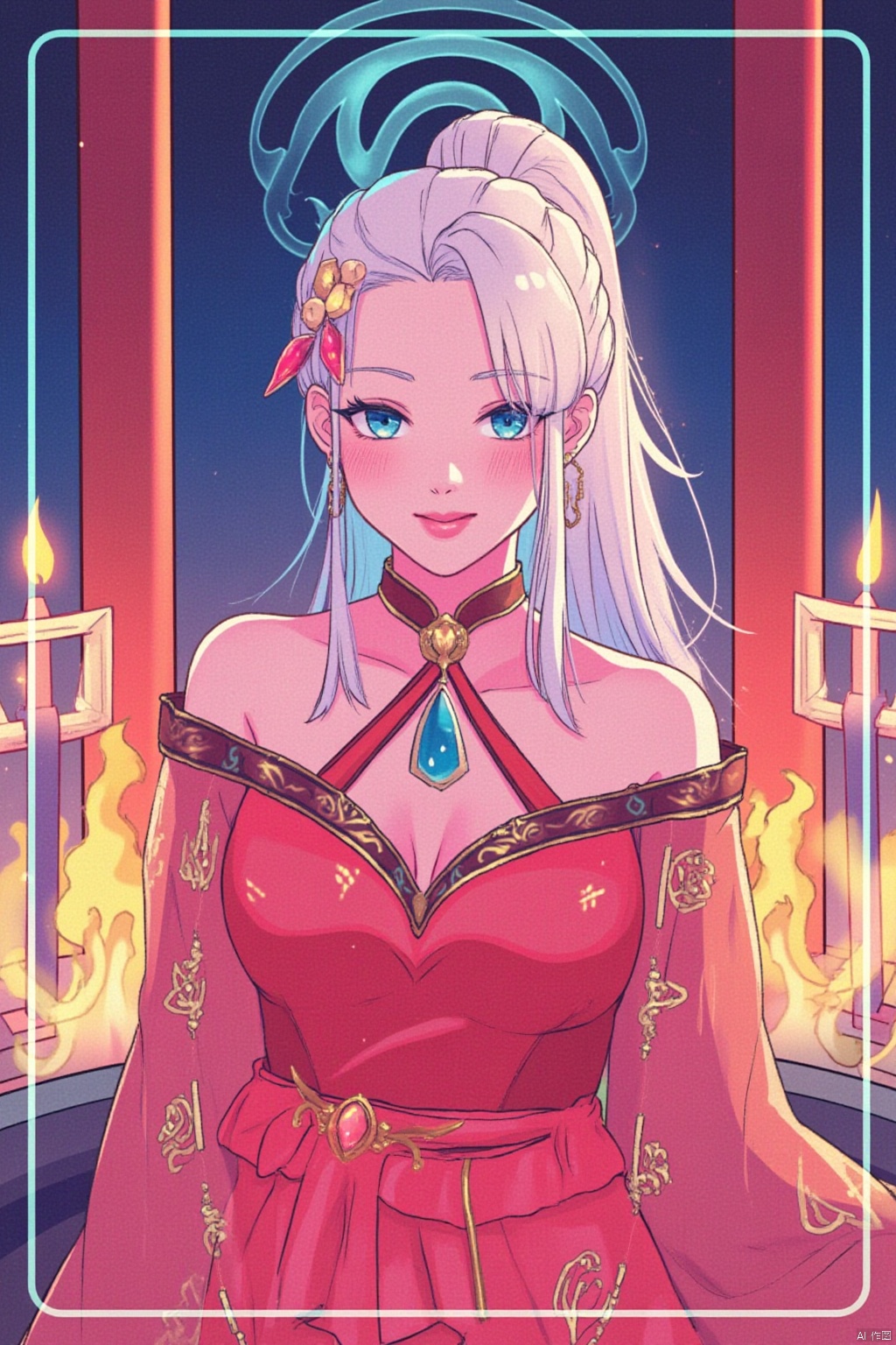 1girl, solo, long hair, hair ornament, dress, bare shoulders, jewelry, upper body, ponytail, white hair, earrings, red dress, fire, pillar