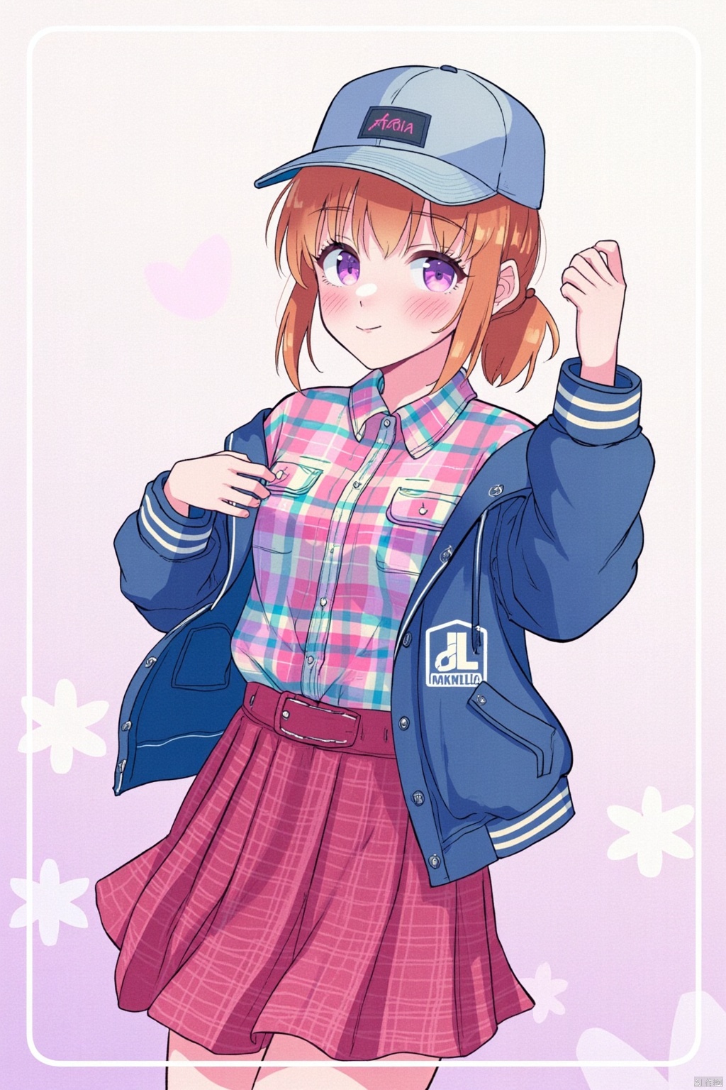 1girl, solo, looking at viewer, blush, bangs, skirt, brown hair, shirt, long sleeves, hat, holding, closed mouth, purple eyes, jacket, ponytail, cowboy shot, orange hair, plaid, red skirt, plaid skirt, baseball cap