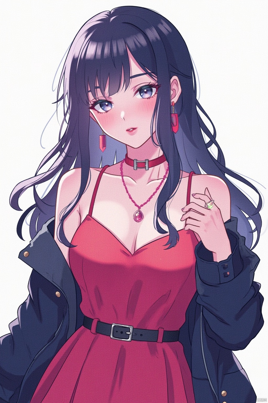 1girl, solo, long hair, breasts, looking at viewer, black hair, dress, cleavage, jewelry, medium breasts, jacket, upper body, earrings, choker, belt, necklace, off shoulder, black jacket, grey eyes, makeup, wavy hair, red dress, black belt, red lips, red choker