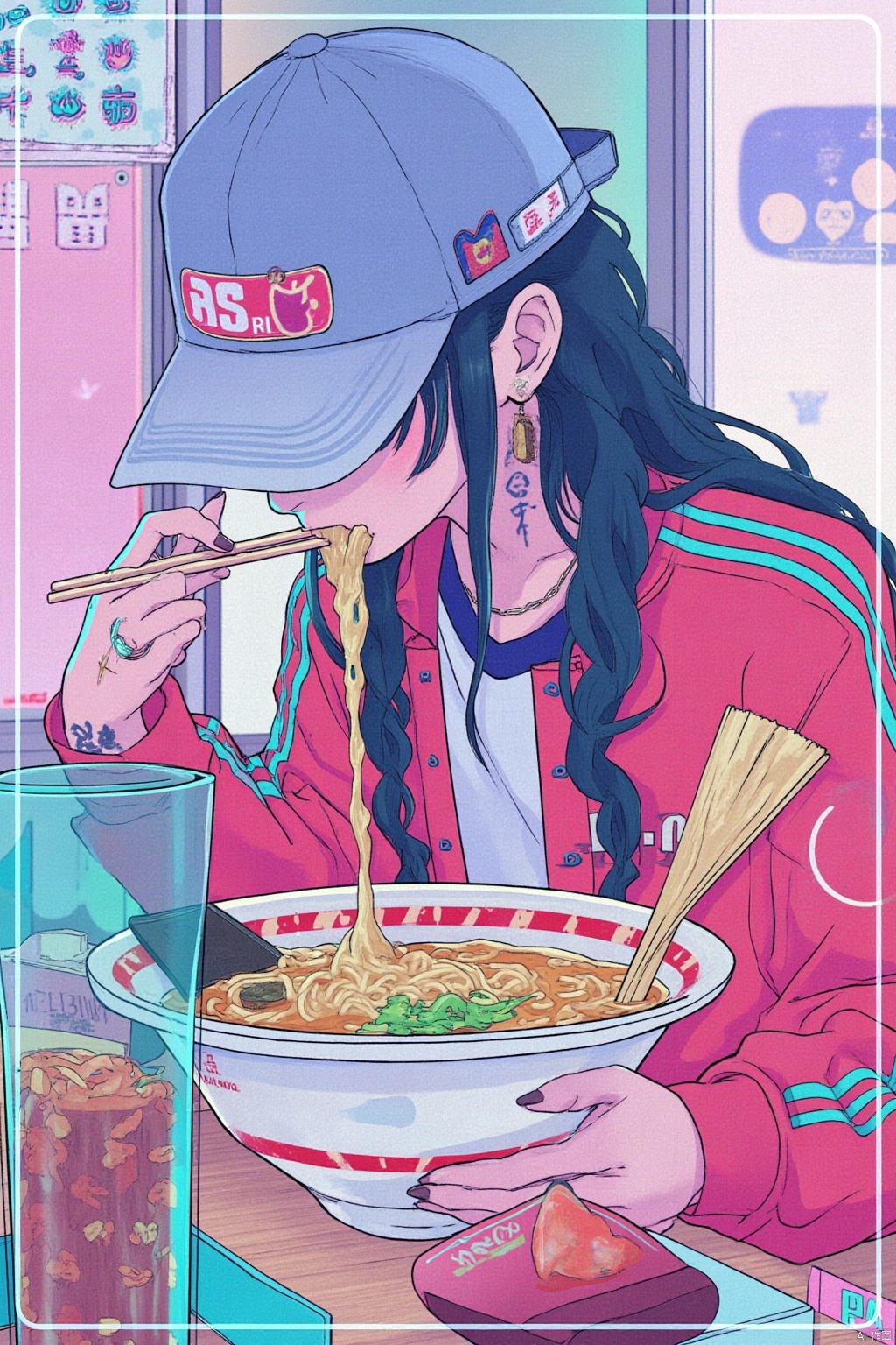 1girl, solo, long hair, black hair, long sleeves, hat, holding, jewelry, jacket, upper body, earrings, food, tattoo, eating, baseball cap, bowl, chopsticks, noodles, ramen, cup ramen