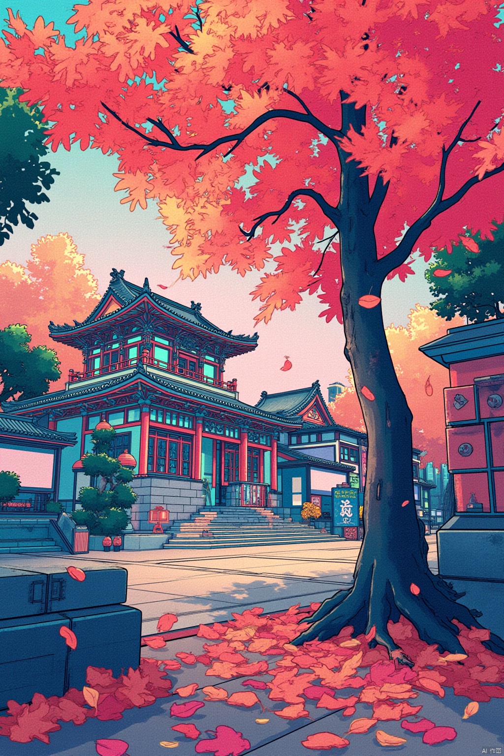 outdoors, tree, no humans, traditional media, building, scenery, autumn leaves, architecture, east asian architecture, autumn