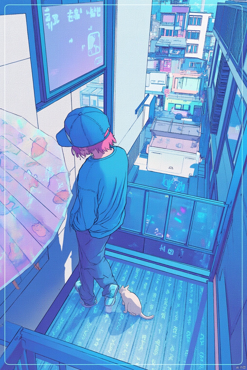 1girl, solo, shirt, long sleeves, 1boy, hat, standing, pink hair, male focus, shoes, pants, window, shadow, umbrella, from above, cat, building, baseball cap, city, railing
