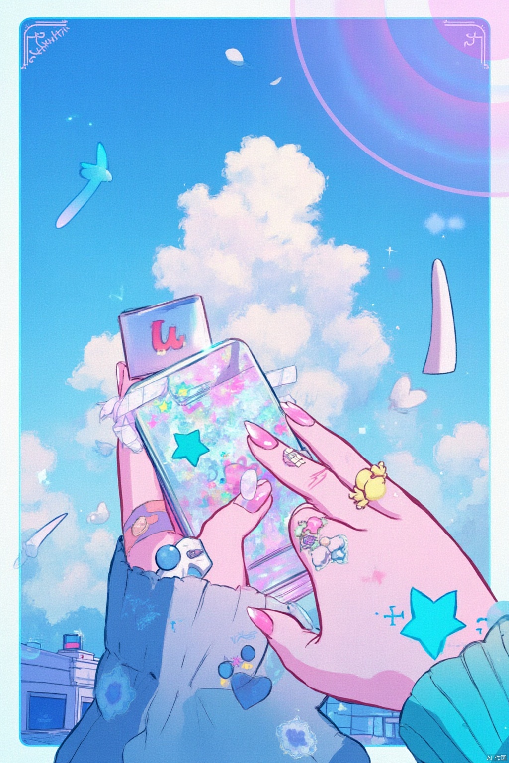 1girl, long sleeves, holding, jewelry, outdoors, sky, day, cloud, star \(symbol\), nail polish, blue sky, bird, phone, border, ring, cloudy sky, crescent, building, bandaid, pink nails, sticker, bandaid on hand