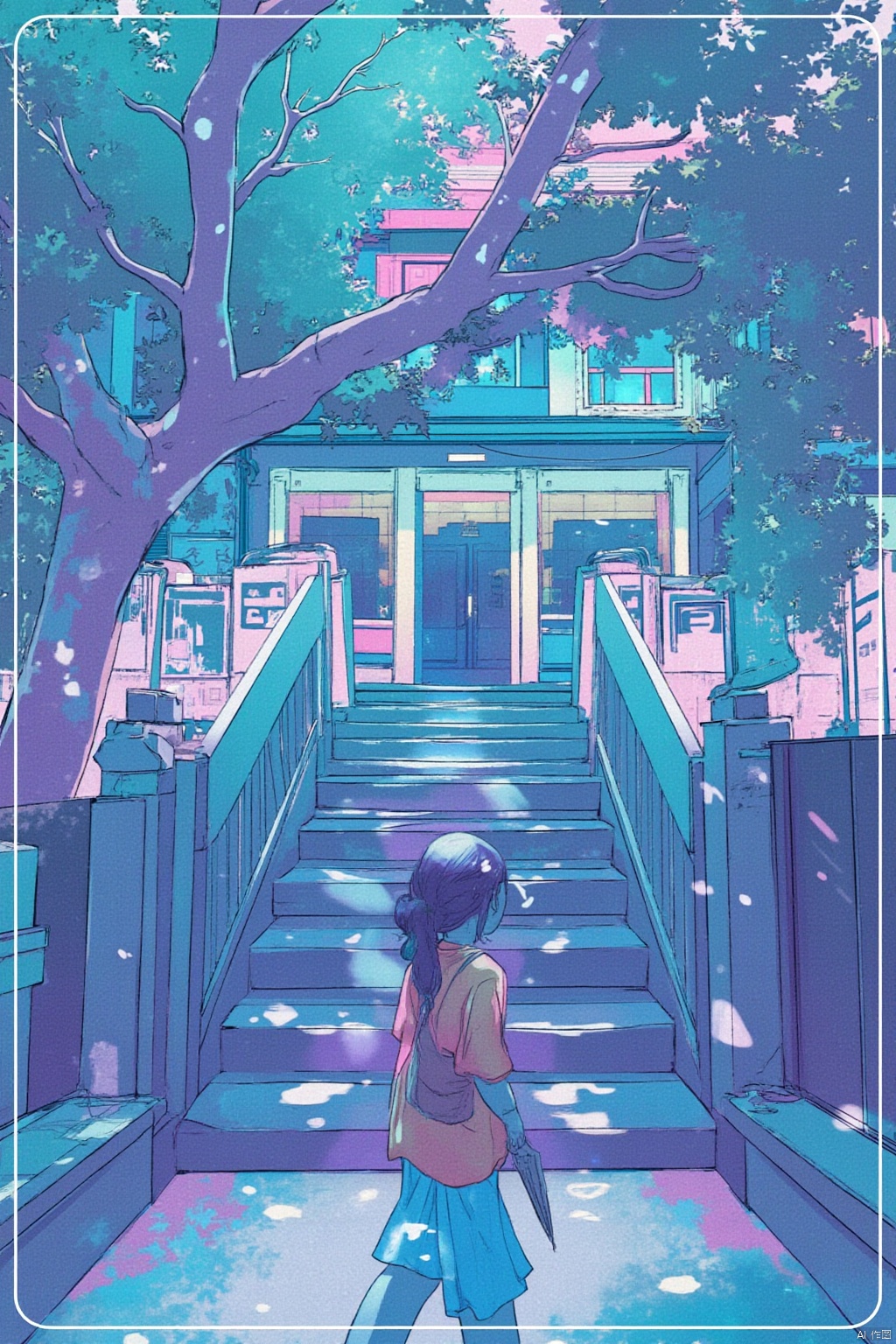 1girl, solo, skirt, shirt, black hair, ponytail, short sleeves, bag, tree, window, umbrella, building, shoulder bag, stairs, wide shot