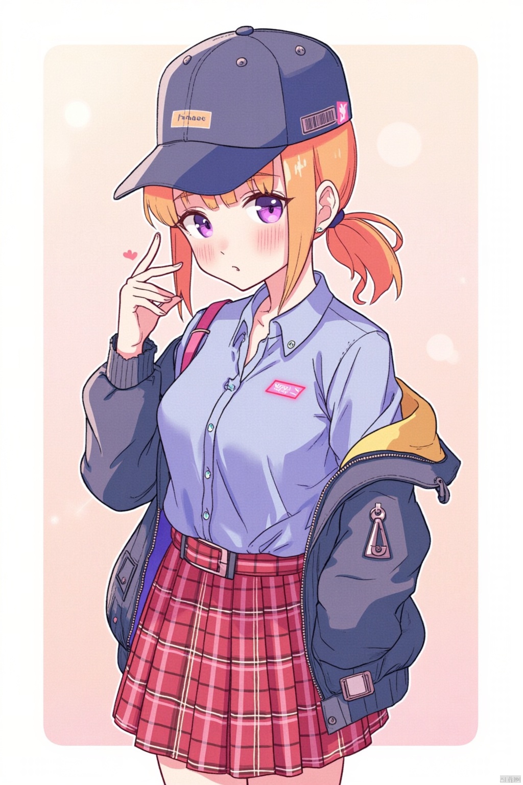 1girl, solo, looking at viewer, blush, bangs, skirt, brown hair, shirt, long sleeves, hat, holding, closed mouth, purple eyes, jacket, ponytail, cowboy shot, orange hair, plaid, red skirt, plaid skirt, baseball cap