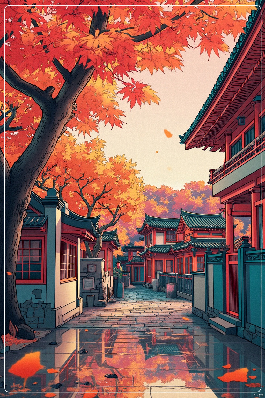 outdoors, tree, no humans, traditional media, building, scenery, autumn leaves, architecture, east asian architecture, autumn