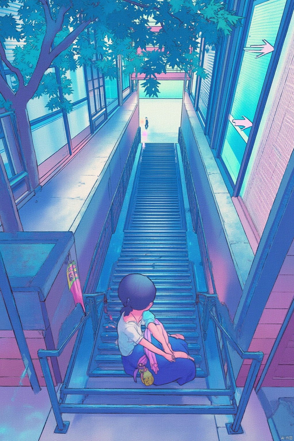 1girl, solo, skirt, shirt, black hair, ponytail, short sleeves, bag, tree, window, umbrella, building, shoulder bag, stairs, wide shot