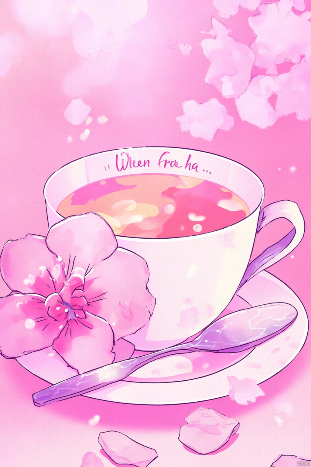 flower, artist name, english text, cup, petals, no humans, pink background, cherry blossoms, pink theme
