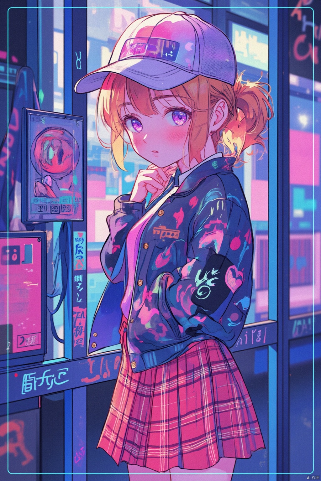 1girl, solo, looking at viewer, blush, bangs, skirt, brown hair, shirt, long sleeves, hat, holding, closed mouth, purple eyes, jacket, ponytail, cowboy shot, orange hair, plaid, red skirt, plaid skirt, baseball cap