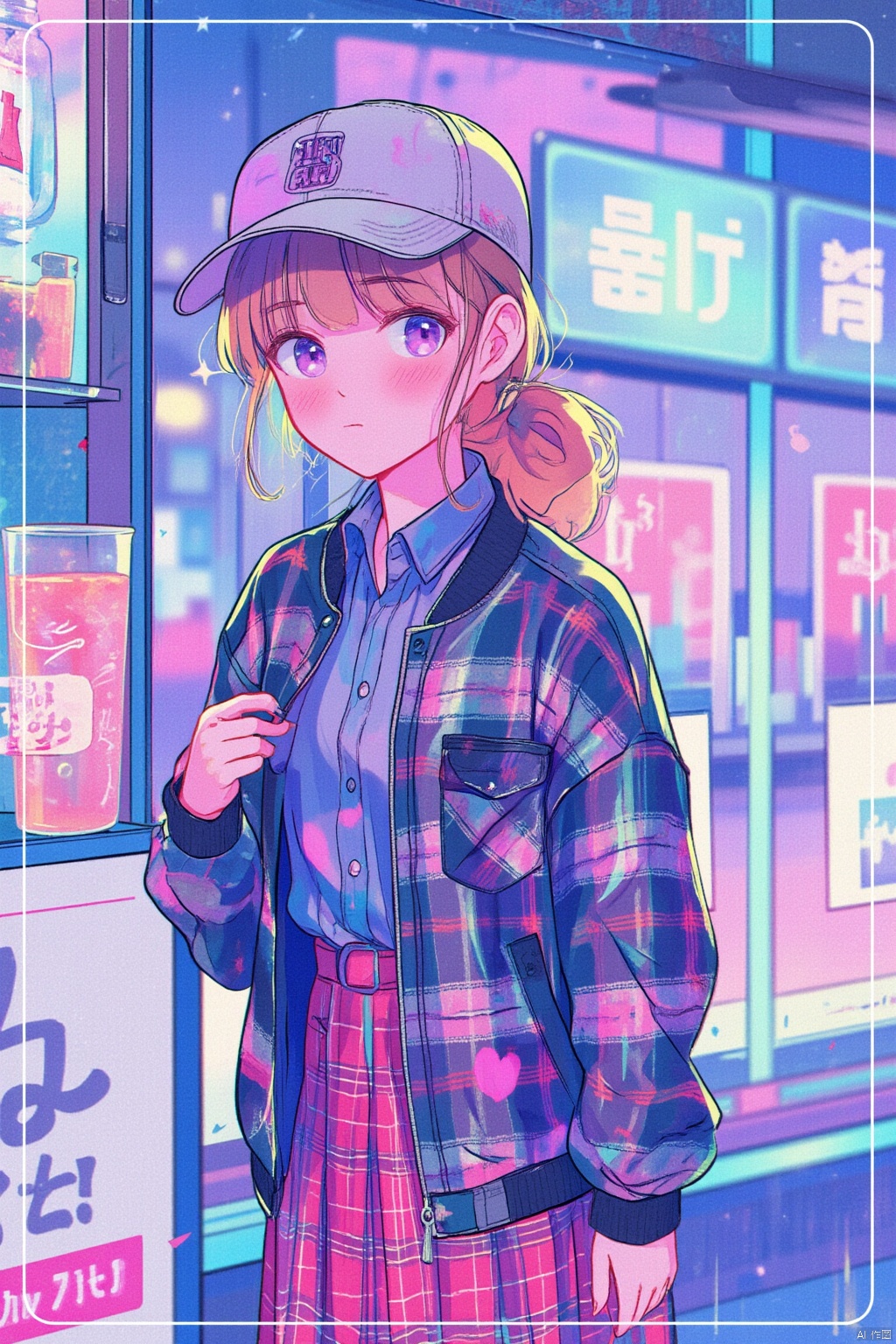 1girl, solo, looking at viewer, blush, bangs, skirt, brown hair, shirt, long sleeves, hat, holding, closed mouth, purple eyes, jacket, ponytail, cowboy shot, orange hair, plaid, red skirt, plaid skirt, baseball cap