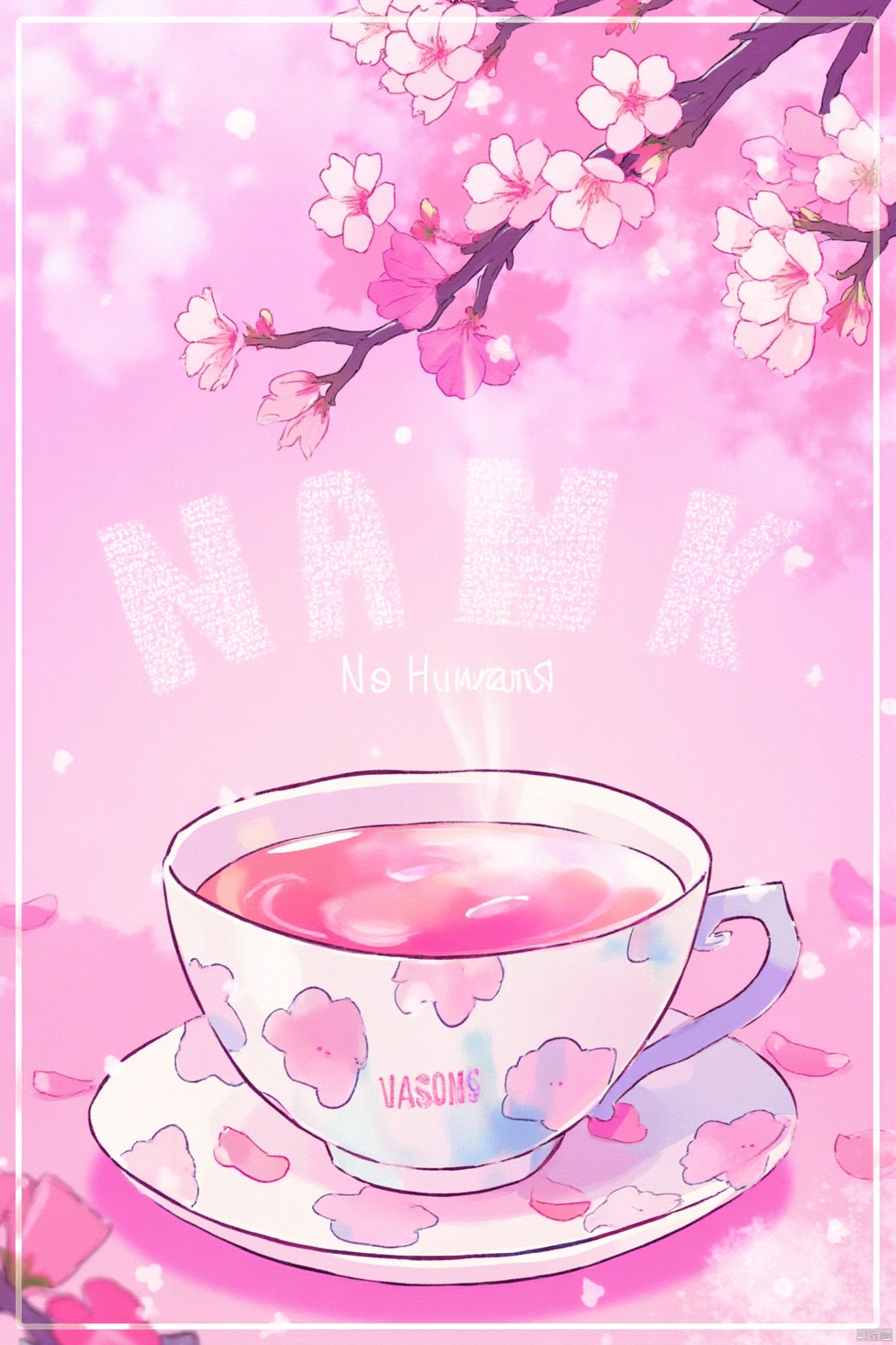 flower, artist name, english text, cup, petals, no humans, pink background, cherry blossoms, pink theme