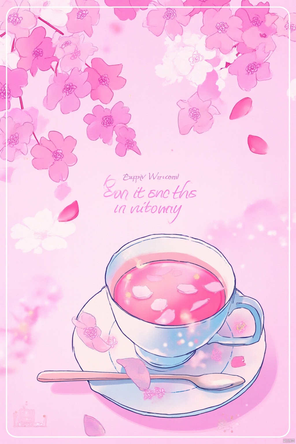flower, artist name, english text, cup, petals, no humans, pink background, cherry blossoms, pink theme
