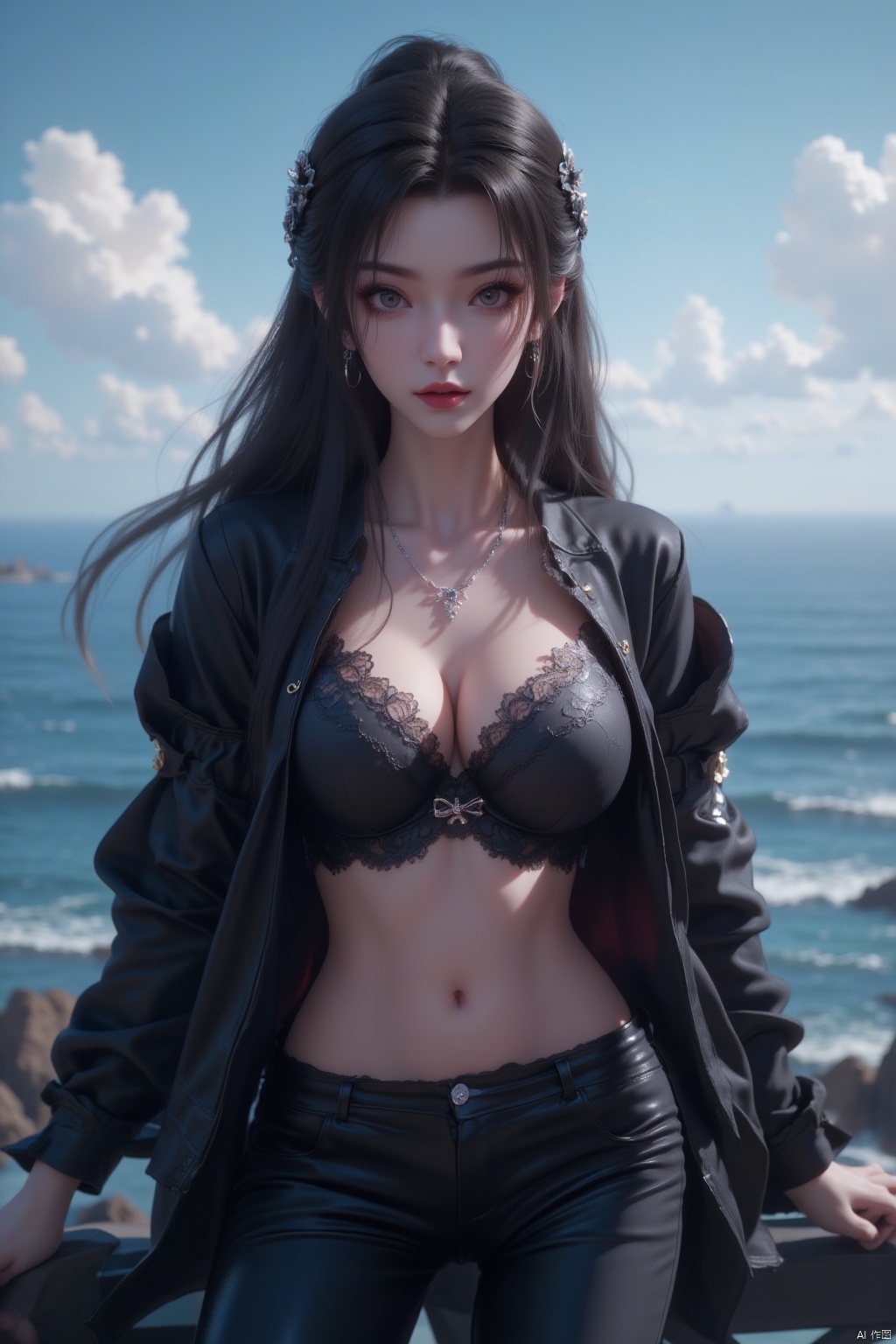 1girl, solo, long hair, breasts, looking at viewer, black hair, long sleeves, navel, cleavage, jewelry, medium breasts, underwear, standing, collarbone, jacket, cowboy shot, earrings, outdoors, open clothes, sky, day, pants, cloud, water, necklace, stomach, bra, open jacket, blue sky, lips, black jacket, makeup, ocean, black pants, black bra, cigarette, hoop earrings, realistic, railing, horizon, red lips, no shirt