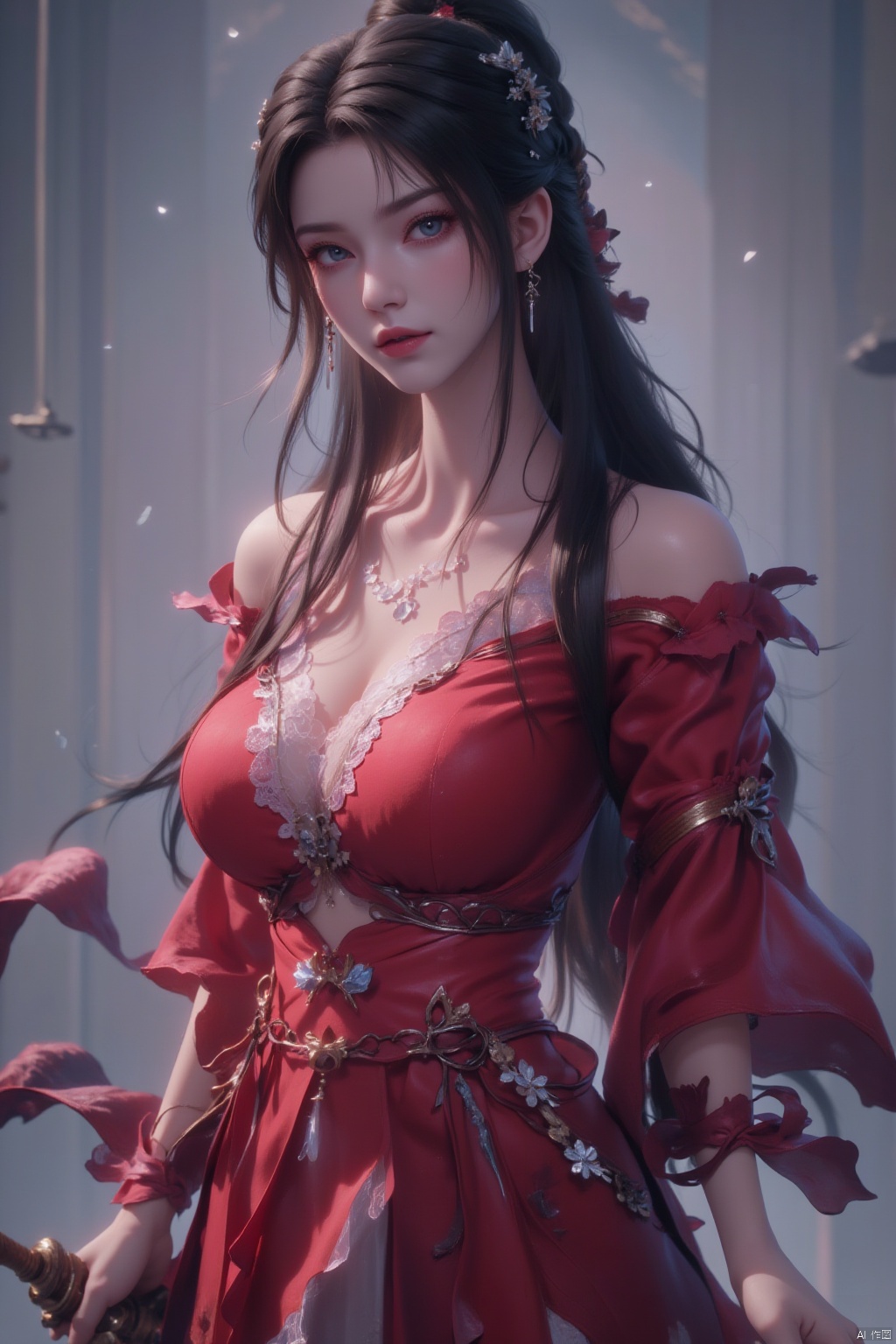 1girl, solo, long hair, looking at viewer, blue eyes, brown hair, black hair, hair ornament, dress, holding, jewelry, ponytail, weapon, sword, necklace, holding weapon, holding sword, red dress