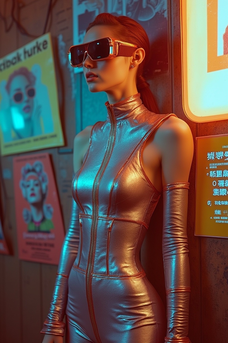 A retro-futuristic scene of a woman leaning against a wall. She wears a sleek,  metallic outfit with digital patterns and...