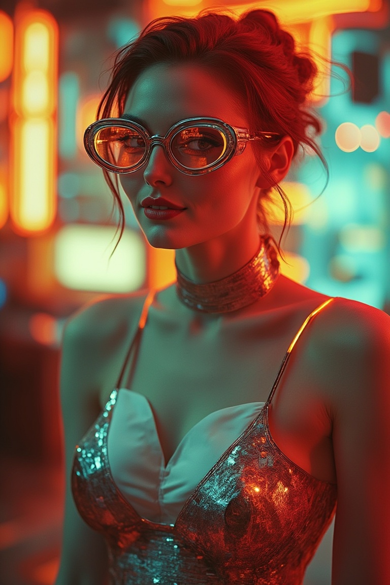 A retro-futuristic portrait of a woman wearing a sleek,  metallic dress with digital patterns and neon accents. She has st...