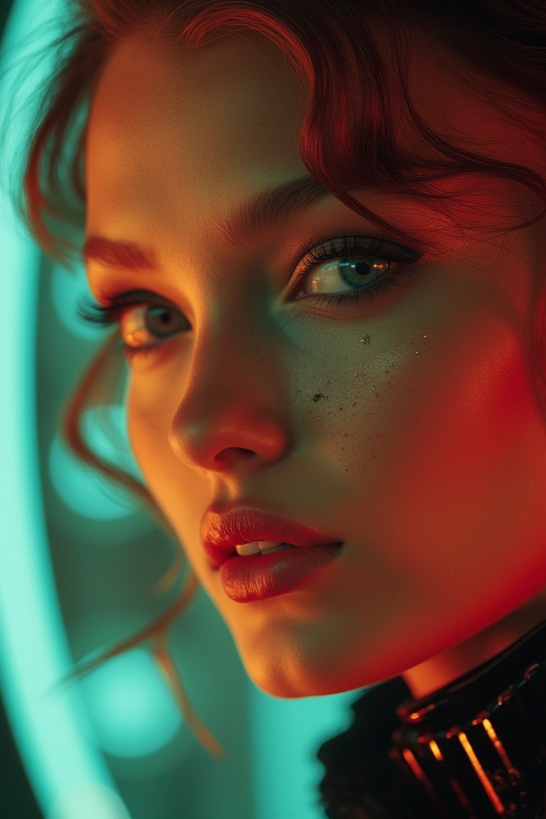 A close-up shot of a woman's face,  blending retro and futuristic elements. Her expression is serene,  with soft on Tensor...