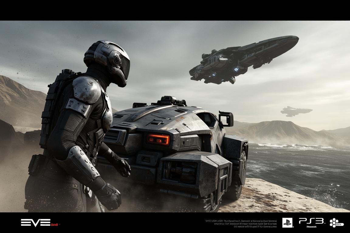  FuturisticWarrior style,,close up ((amarr heavy)) dropsuit and ((caldari LAV)) on the destroyed bridge, ((gallente dropship)) on the sky.The word "Aderek Studio" is written in white text on the bottom right corner, with the word "EVE" in a larger font size than the rest of the text.