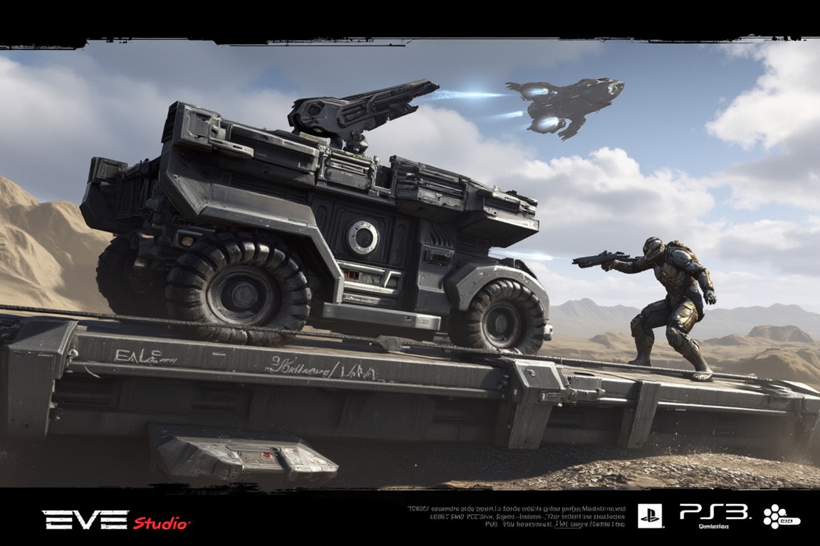  FuturisticWarrior style,,close up ((amarr heavy)) dropsuit and ((caldari LAV)) on the destroyed bridge, ((gallente dropship)) on the sky.The word "Aderek Studio" is written in white text on the bottom right corner, with the word "EVE" in a larger font size than the rest of the text.
