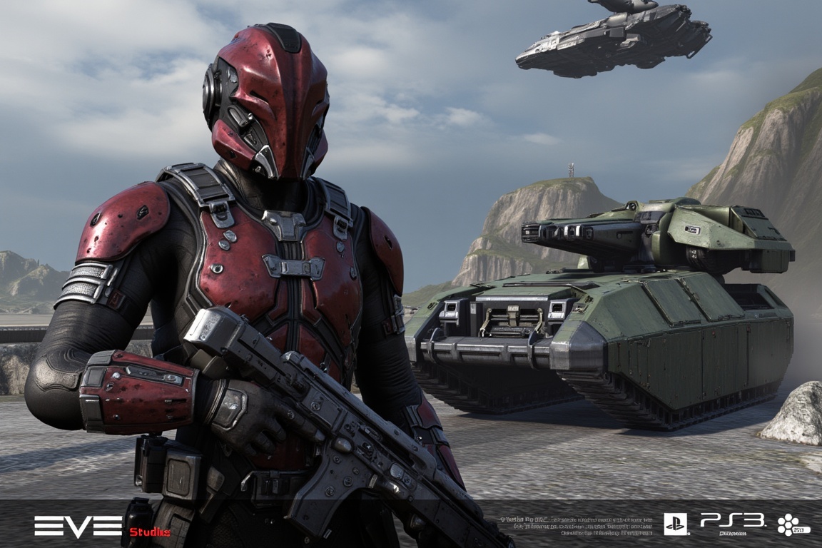  FuturisticWarrior style,,close up ((amarr heavy)) dropsuit and ((caldari LAV)) on the destroyed bridge, ((gallente dropship)) on the sky.The word "Aderek Studio" is written in white text on the bottom right corner, with the word "EVE" in a larger font size than the rest of the text.