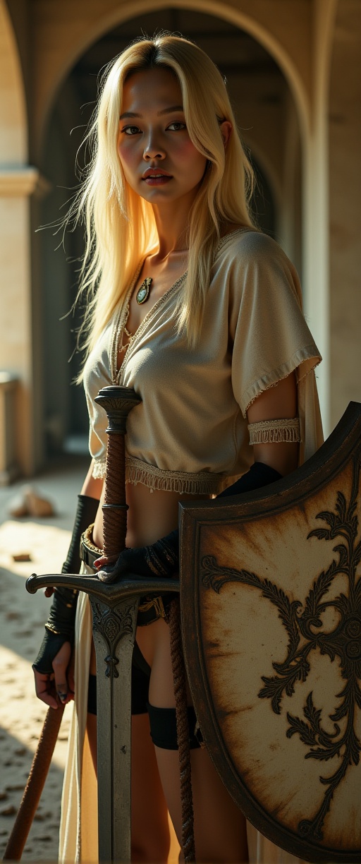 A breathtaking close-up of a fierce elderly Dark Paladin,  standing amidst the ruins of her poorly maintained castle. Soft...