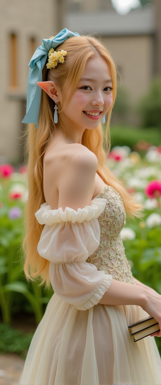 A smiling elf woman in the garden of a castle in another world. She is mid-chested and has long golden hair tied into a po...