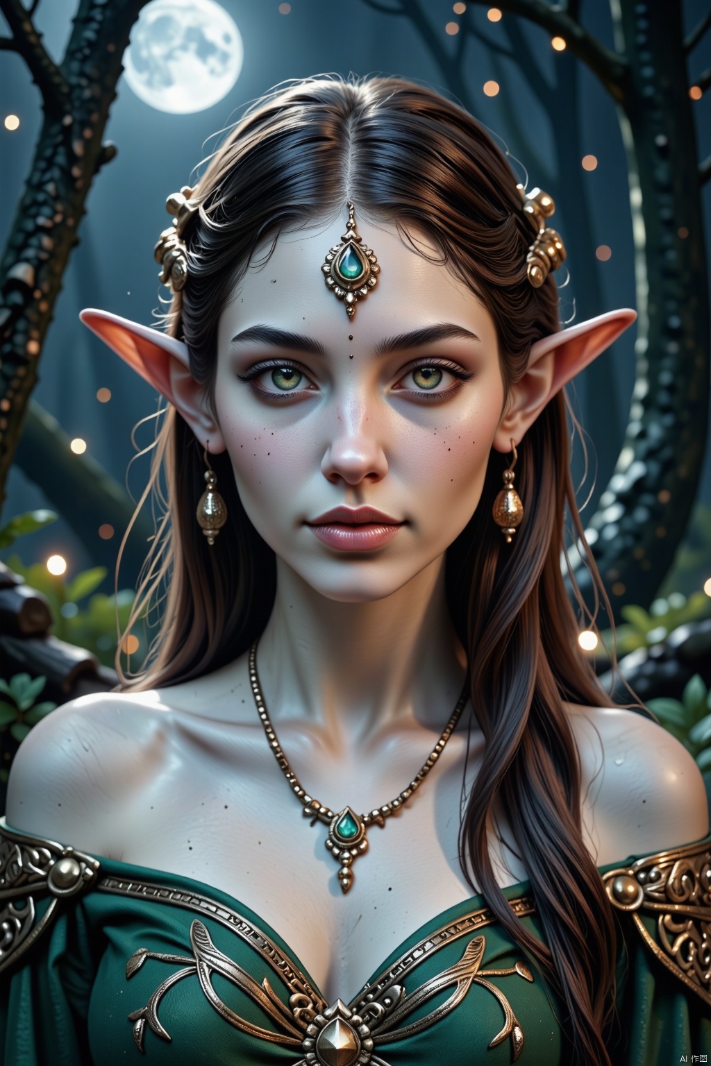 A girl, portrait, elf, long ears, pointed ears, fair skin, staring at the camera, makeup, high nose, big eyes, deep eyes, forehead chain, headdress, ornaments,Necklaces, glittering necklaces, gems and jewels, ear chains, off-the-shoulder, forests, at night, moonlight shines on the shoulders, off-the-shoulder.Moonlight, white skin, like an elf,BEST_OF
