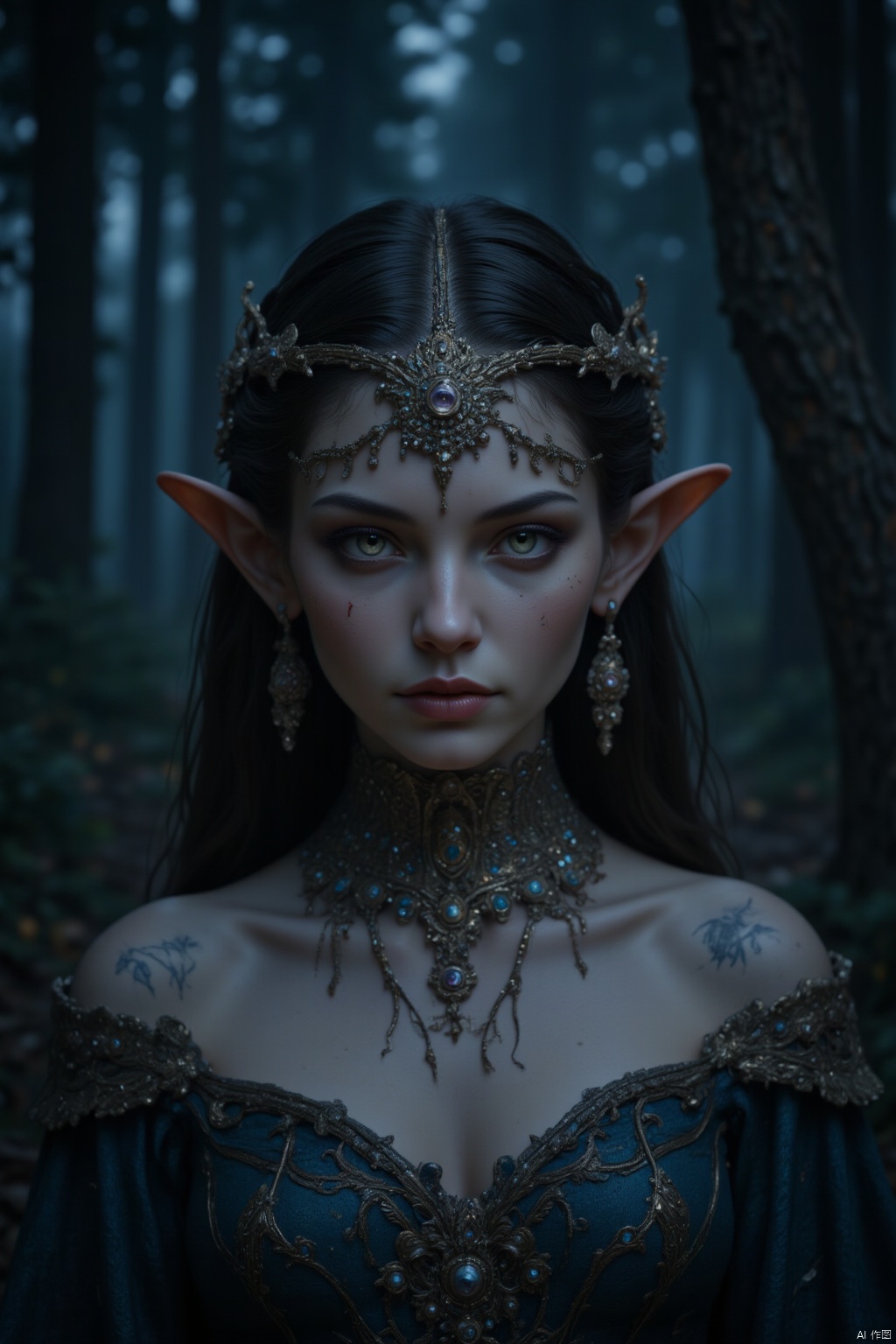 A girl, portrait, elf, long ears, pointed ears, fair skin, staring at the camera, makeup, high nose, big eyes, deep eyes, forehead chain, headdress, ornaments,Necklaces, glittering necklaces, gems and jewels, ear chains, off-the-shoulder, forests, at night, moonlight shines on the shoulders, off-the-shoulder.Moonlight, white skin, like an elf,BEST_OF