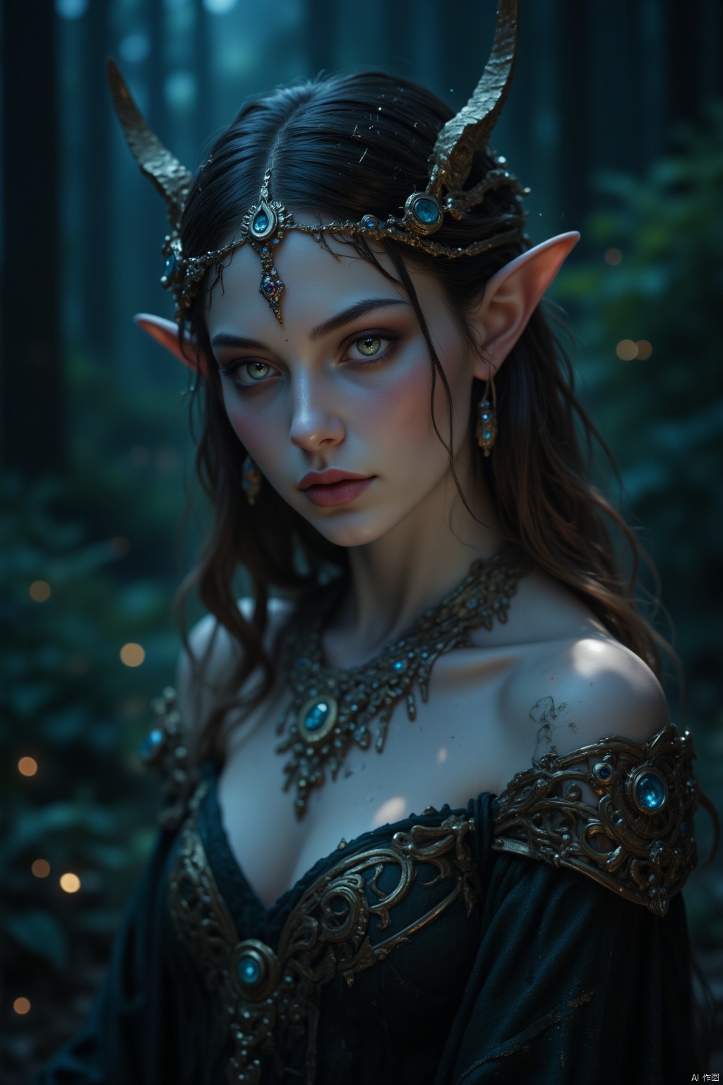 A girl, portrait, elf, long ears, pointed ears, fair skin, staring at the camera, makeup, high nose, big eyes, deep eyes, forehead chain, headdress, ornaments,Necklaces, glittering necklaces, gems and jewels, ear chains, off-the-shoulder, forests, at night, moonlight shines on the shoulders, off-the-shoulder.Moonlight, white skin, like an elf,BEST_OF