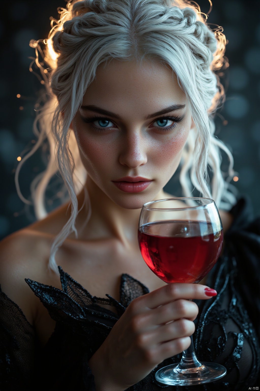 A girl, 20 years old, mature royal elder sister, Is a powerful black wizard, special effects, light, powerful aura,white-haired witch, red lips, parted lips, eye shadow, open eyes, staring at the camera, portrait photo, halo behind her, bare shoulders, holding a red wine glass,