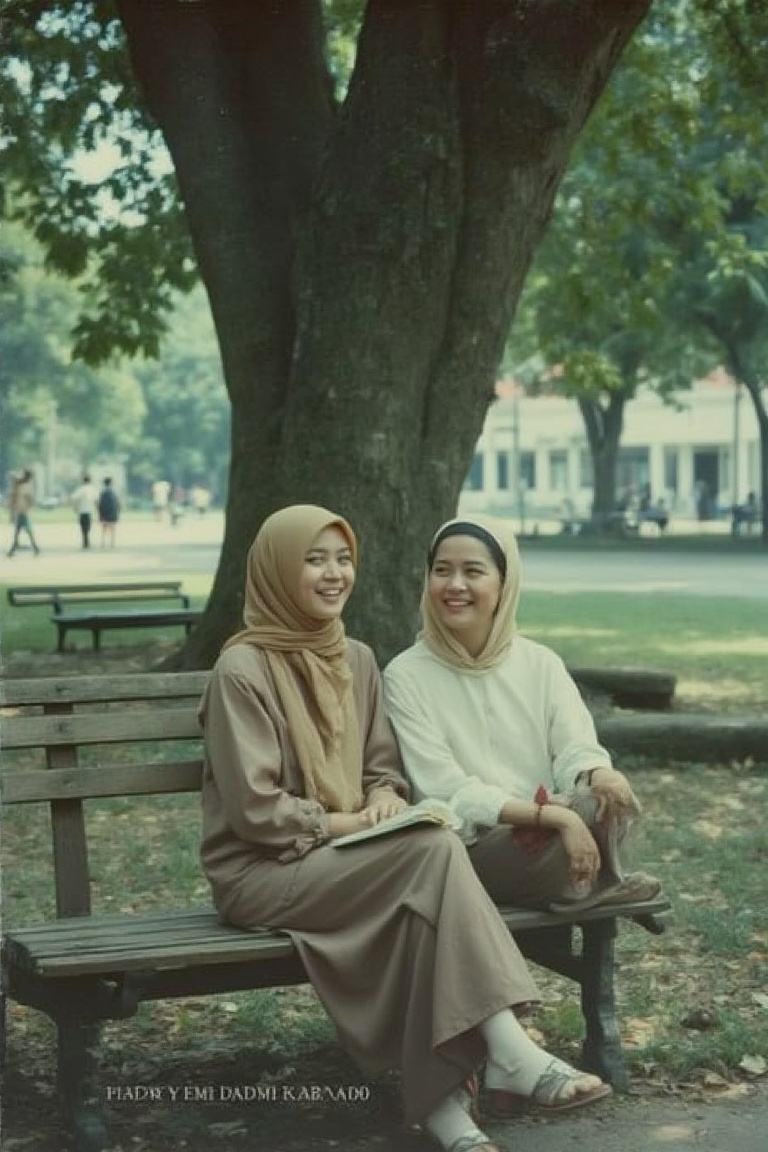 A 1990s Malaysian park scene with a Malay woman in her 30s,  wearing a plain hijab and sitting on a wooden bench under a l...