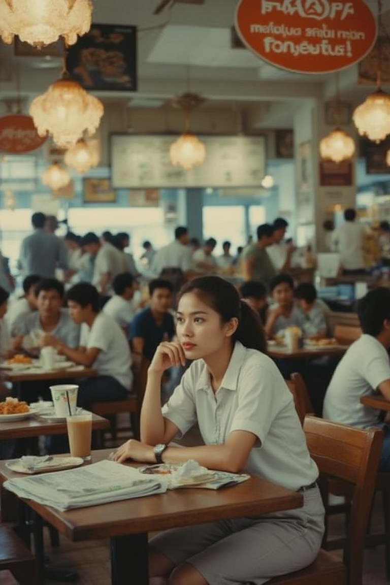 A 1990s Malaysian kopitiam scene featuring a woman in her 30s,  sitting at a wooden table. She is dressed in a simple blou...